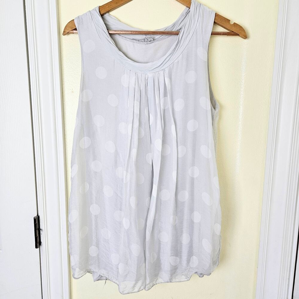 Y2K 100% Silk Gray White Polka Dot Tank Top Made In Italy Pleated Artsy Size M